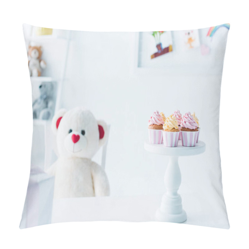 Personality  Teddy Bear Sitting At Table With Cupcakes On Stand  Pillow Covers