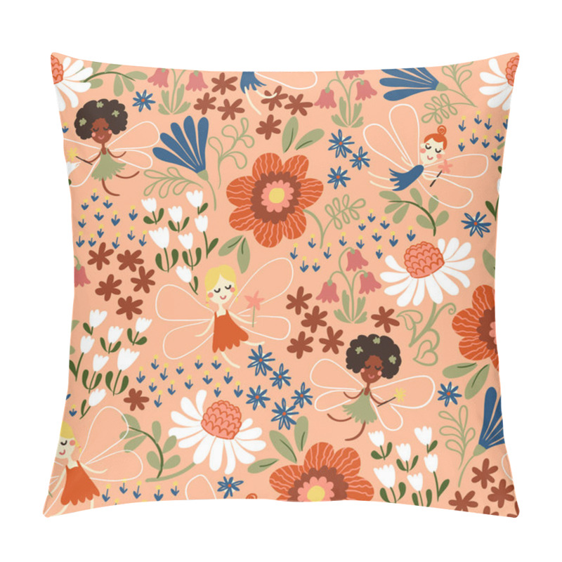 Personality  Vector Seamless Summer Floral Pattern. Garden Fairies Print. Little Girls Playing With Flowers In Garden. Textile Print With Florals And Leaves Pillow Covers