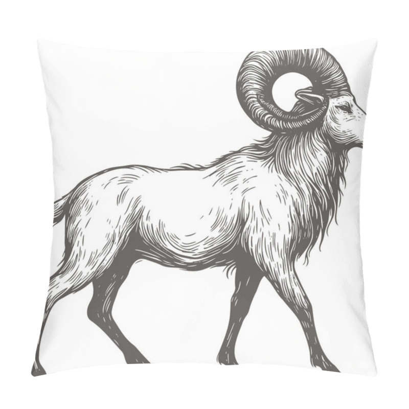 Personality  Detailed Illustration Of A Majestic Ram In Engraving Style Pillow Covers