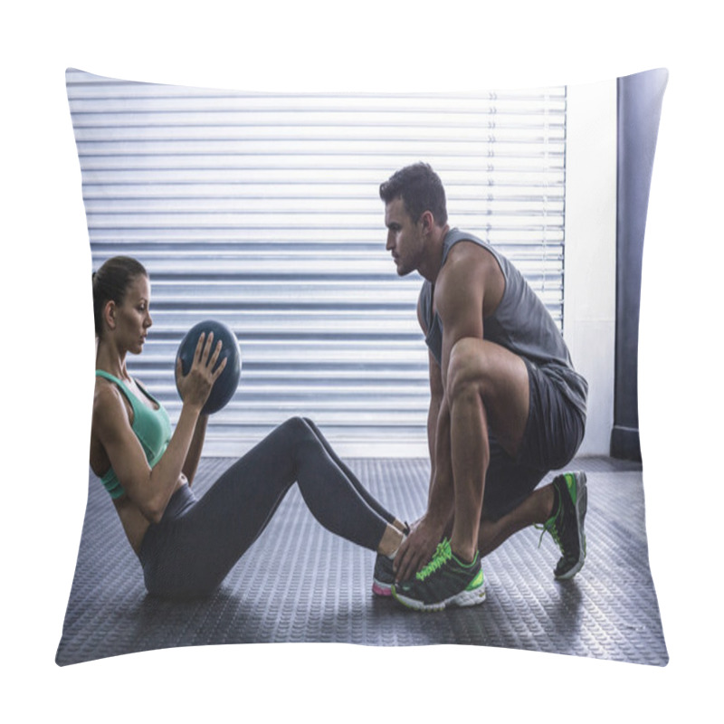 Personality  Muscular Couple Doing Abdominal Ball Exercise Pillow Covers