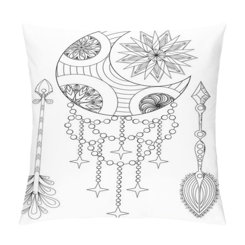 Personality  Bohemian Moon And Sun With Arrows. Hand Drawn Zentangle Moon, Su Pillow Covers