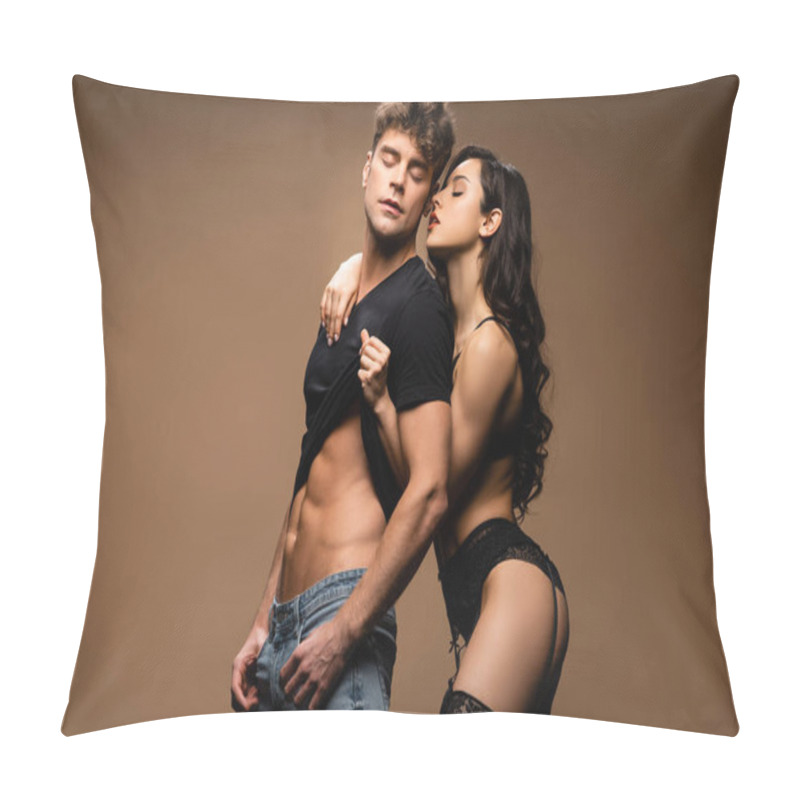 Personality  Seductive Girlfriend In Black Lingerie Hugging Sexy Boyfriend On Beige  Pillow Covers