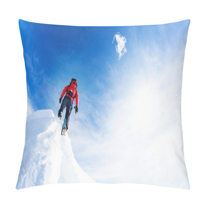 Personality  Mountaineer Arrive At The Summit Of A Snowy Peak. Concepts: Determination, Courage, Effort, Self-realization. Pillow Covers