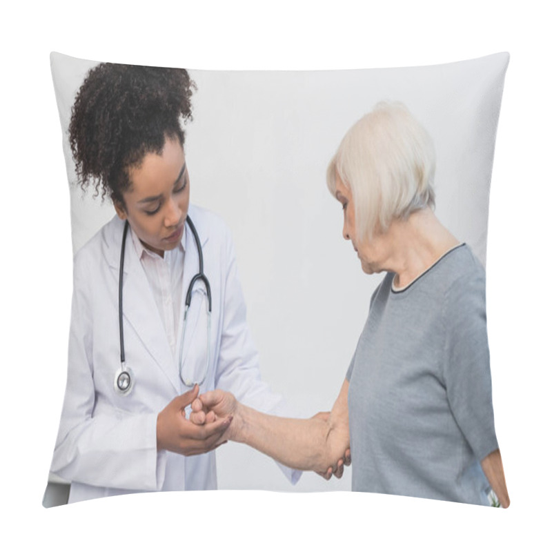 Personality  African American Doctor With Stethoscope Touching Arm Of Patient  Pillow Covers