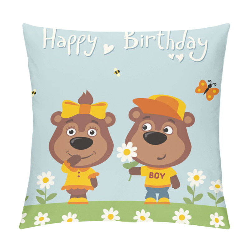 Personality  Greeting Card With Cute Funny Cartoon Characters Of Funny Bear Boy Giving Flower To Bear Girl On Meadow And Text Happy Birthday Pillow Covers