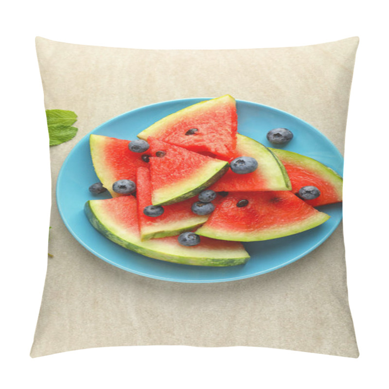 Personality  Plate With Sweet Watermelon Slices And Blueberries On Light Background Pillow Covers