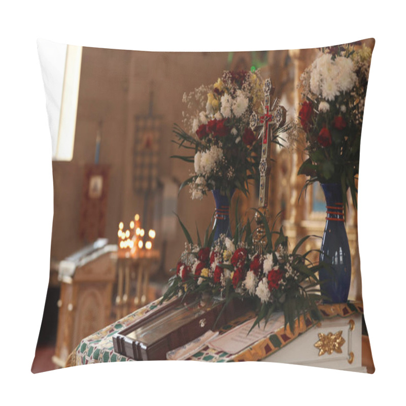 Personality  Ecclesiastical Icon, Cross And Flowers On Altar In Church. Baptism Ceremony Pillow Covers