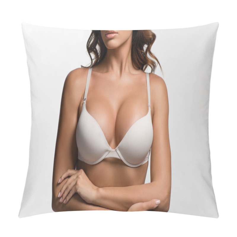 Personality  Cropped View Of Sensual Girl With Big Breasts Posing With Crossed Arms Isolated On White Pillow Covers