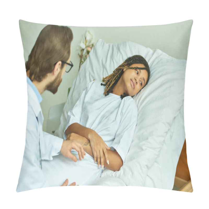 Personality  Doctor In White Coat Holding Hand Of Sad African American Woman, Private Ward, Miscarriage Concept Pillow Covers