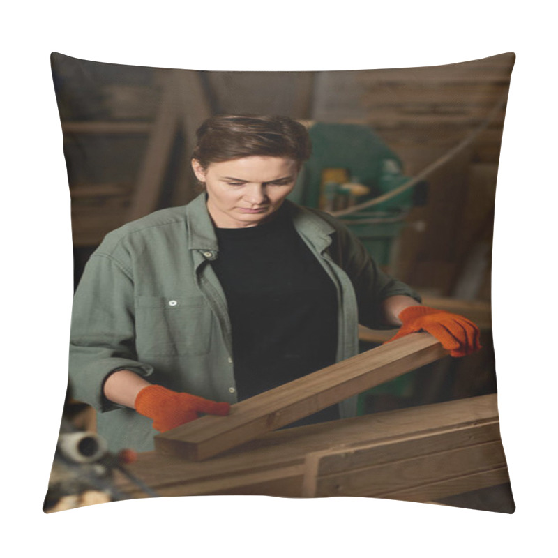 Personality  A Dedicated Carpenter Meticulously Shapes Wooden Pieces In Her Cozy Workshop, Showcasing Craftsmanship. Pillow Covers