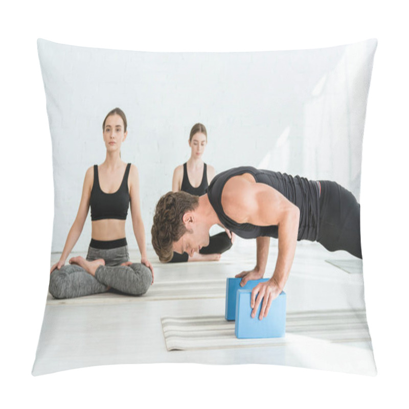 Personality  Young Man Practicing Low Push Up Plank Pose On Stands, And Women Sitting In Half Lotus Pose Pillow Covers