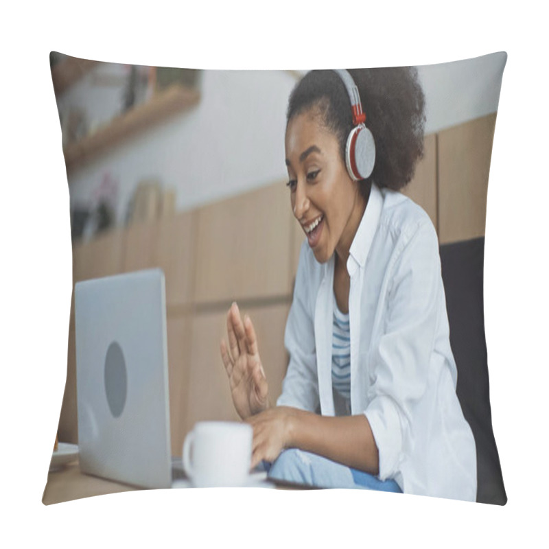 Personality  Happy African American Businesswoman In Wireless Headphones Having Video Chat In Cafe Pillow Covers