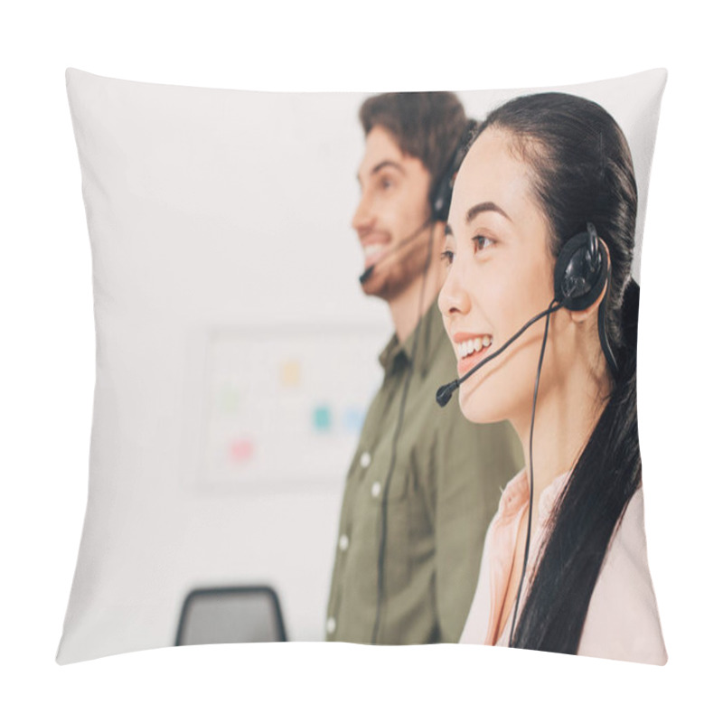 Personality  Pretty Call Center Operator Smiling With Handsome Coworker On Background In Office Pillow Covers