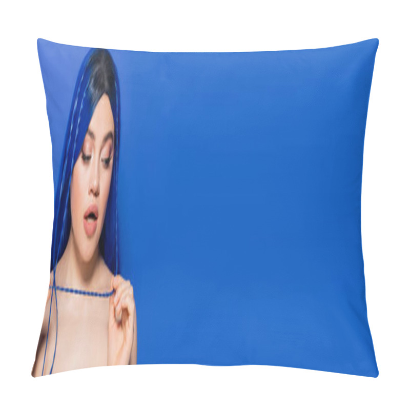 Personality  Vibrant Youth, Self Expression, Emotional, Portrait Of Young Woman With Dyed Hair Posing On Blue Background, Hair Color, Individualism, Female Model With Makeup And Trendy Hairstyle, Banner Pillow Covers