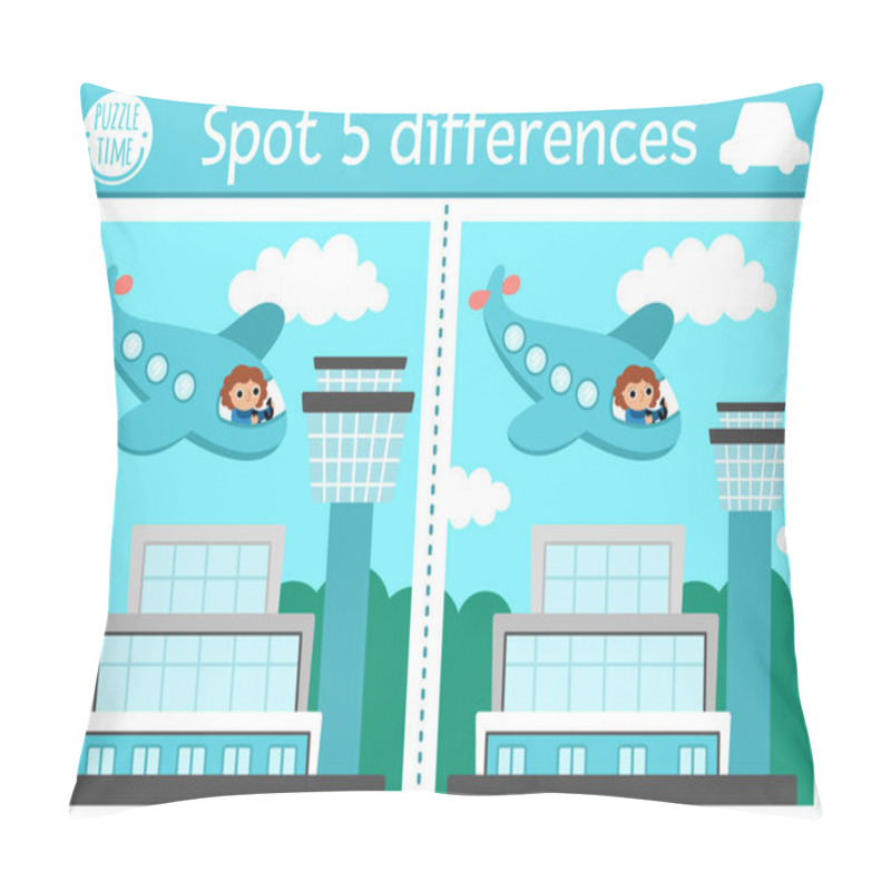 Personality  Find Differences Game For Children. Transportation Educational Activity With Plane With Girl Pilot Flying In The Sky To The Airport. Cute Puzzle For Kids With Funny Transport. Printable Workshee Pillow Covers