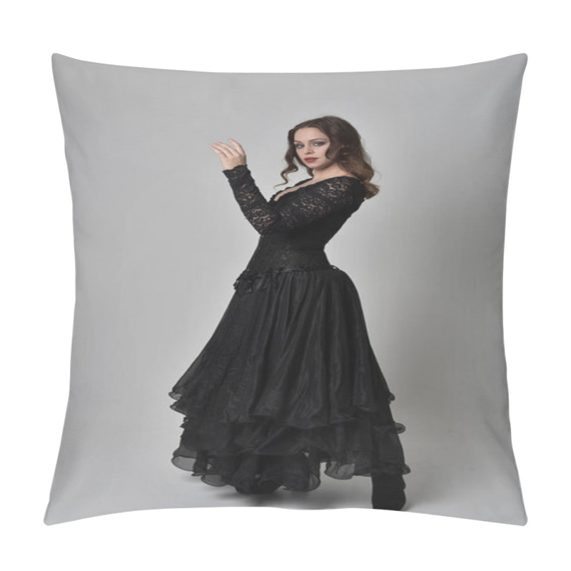 Personality  Full Length Portrait Of Brunette Girl Wearing Long Black Lace Gown Wit Corset. Standing Pose, Isolated On Grey Studio Background. Pillow Covers