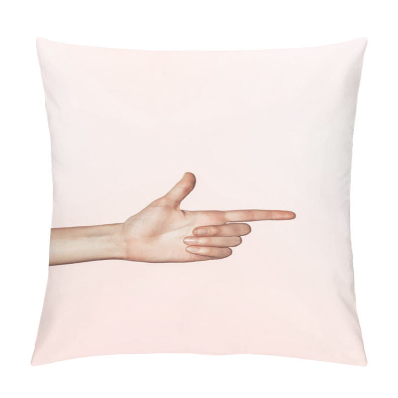 Personality  Cropped Image Of Woman Pointing By Finger Isolated On Pink Background  Pillow Covers