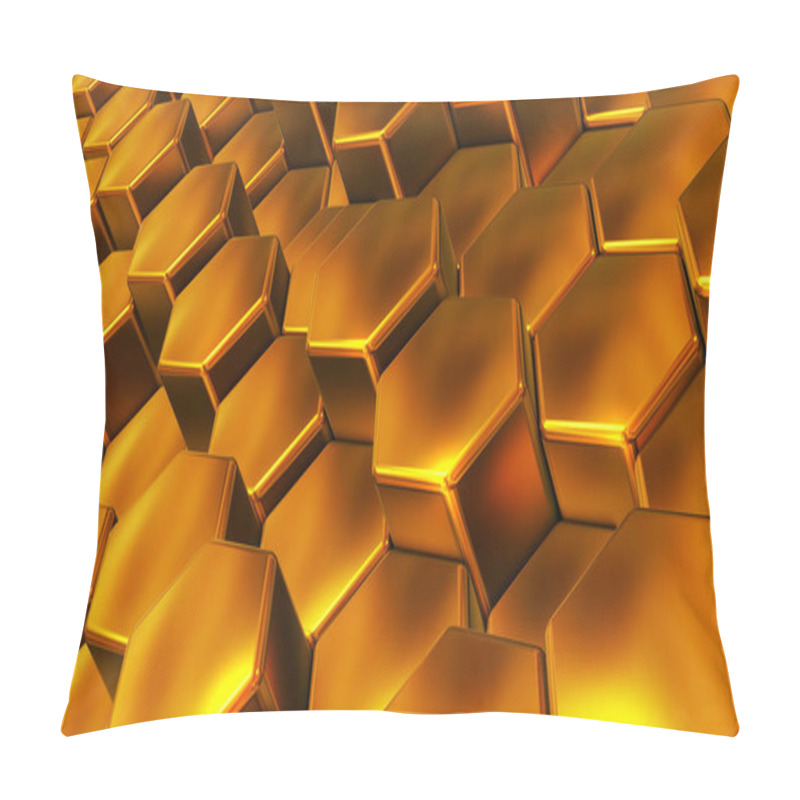 Personality  Abstract 3D Geometric Background, Gold Hexagons Metallic Shapes Stacks, Render Technology Illustration. Pillow Covers