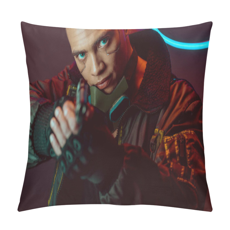 Personality  Selective Focus Of Armed Bi-racial Cyberpunk Player With Gun On Black  Pillow Covers