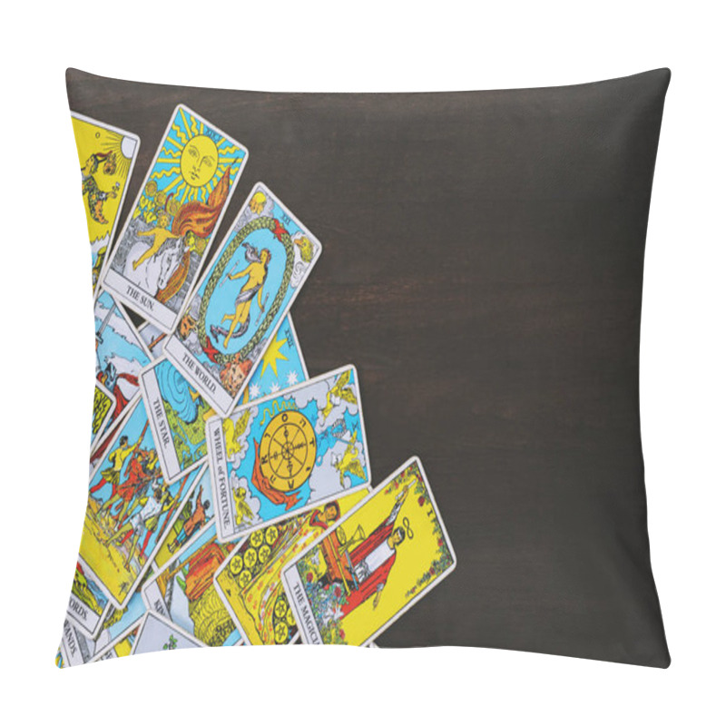 Personality  A Pile Deck Of Tarot Cards Gypsy Inspired On A Wooden Background Scattered And Haphazardly Arranged. Fortune Teller, Magician, Wizard. Horoscope Pillow Covers