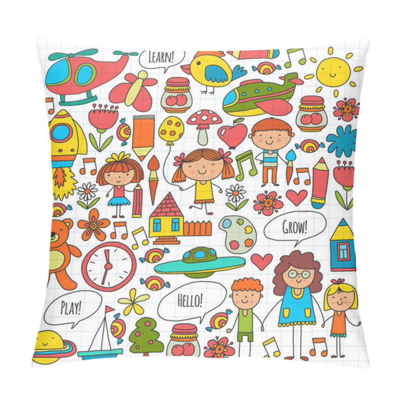 Personality  Vector Icons And Elements. Kindergarten, Toys. Little Children Play, Learn, Grow Together. Pillow Covers