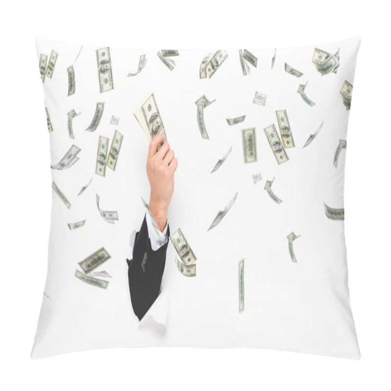 Personality  Cropped View Of Man Holding Money Through Hole In White Paper Wall On White With Money Rain Illustration Pillow Covers