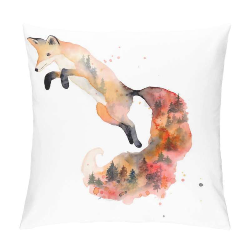 Personality  Watercolor Fox With Double Exposure Effect Animal Illustration Isolated On White Background. Pillow Covers