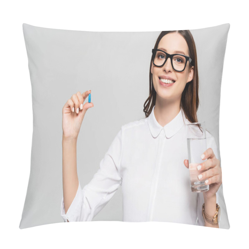 Personality  Smiling Young Pregnant Businesswoman In Glasses With Glass Of Water And Prenatal Pill Isolated On Grey Pillow Covers