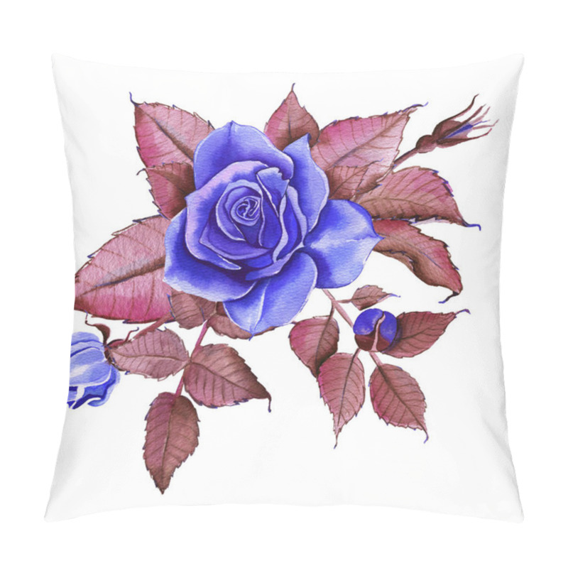 Personality  Watercolor Flowers. Classic Blue, Blue Rose, Burgundy Green. Floral Illustration Blue Rose. Branch Of Flowers Isolated On White Background. Leaf And Buds. Cute Composition For Wedding Or Greeting Card Pillow Covers