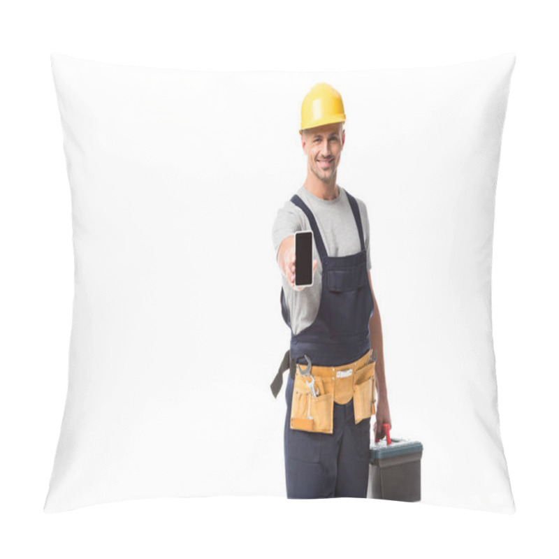 Personality  Construction Worker In Hard Hat Presenting Smartphone With Blank Screen Isolated On White Pillow Covers