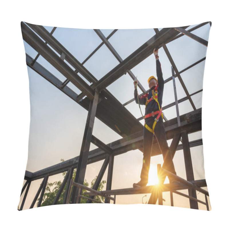 Personality  A Construction Worker Working At Height Equipment Using The Hook For Safety Body Harness On The Roof Structure At Construction Site. Pillow Covers