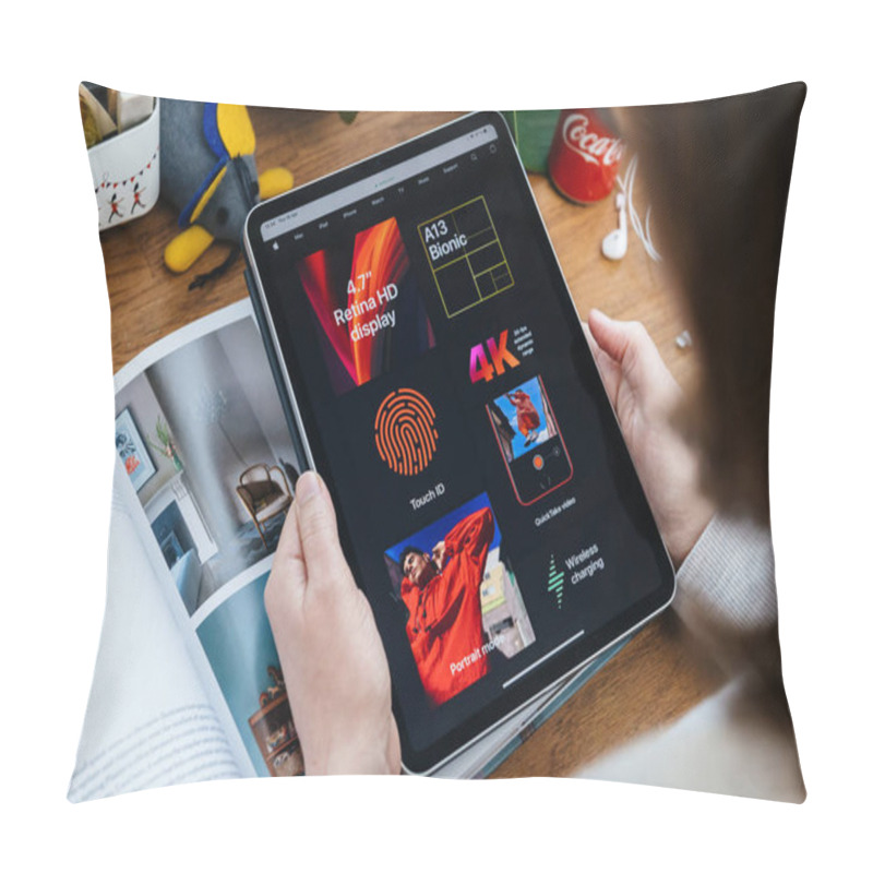 Personality  Woman Looking On New IPhone Se On IPad Pro Tablet Pillow Covers