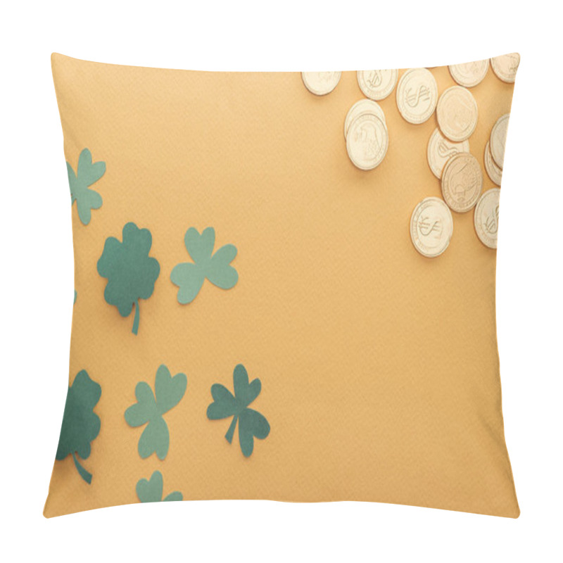 Personality  Top View Of Golden Coins With Dollar Signs, Shamrocks And Copy Space Isolated On Orange, St Patrick Day Concept Pillow Covers