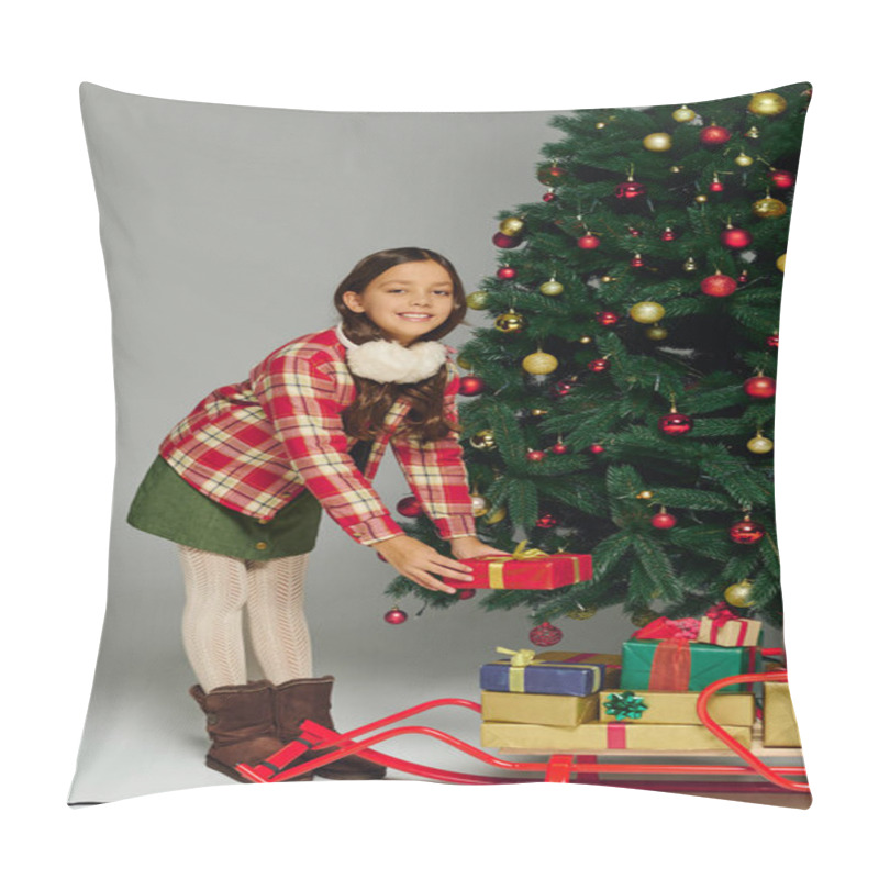 Personality  Cheerful Girl Places A Gift Under The Sparkling Christmas Tree With Joy And Excitement. Pillow Covers