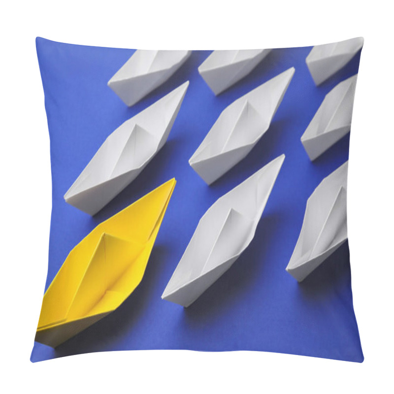 Personality  Yellow Paper Boat Leading Others On Blue Background, Above View. Leadership Concept Pillow Covers