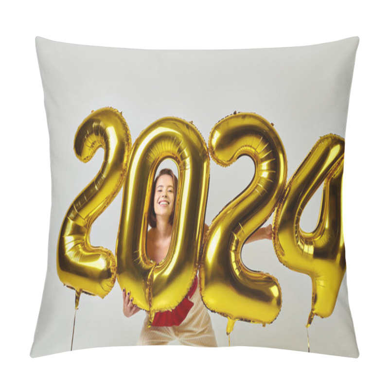 Personality  Happy New Year, Pleased Young Woman In Trendy Attire Holding Balloons With 2024 Numbers On Grey Pillow Covers