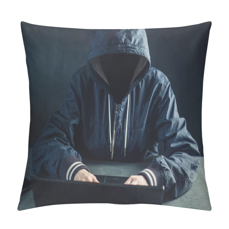 Personality  Anonymous Hacker Programmer Uses A Laptop To Hack The System. Stealing Personal Data. Creation And Infection Of Malicious Virus. The Concept Of Cyber Crime And Hacking Electronic Devices Pillow Covers