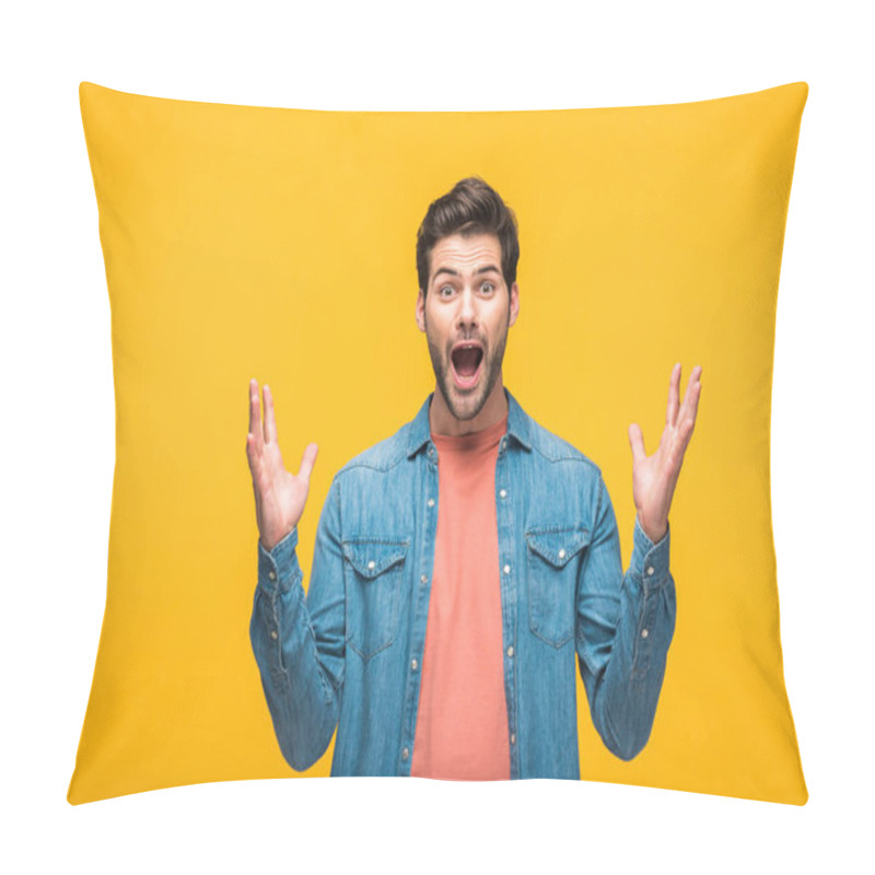 Personality  Excited Handsome Man Gesturing With Hands And Looking At Camera Isolated On Yellow Pillow Covers