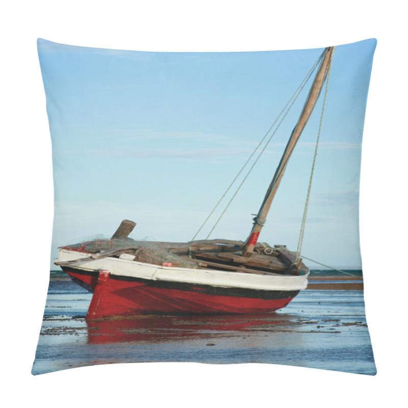 Personality  Red And White Sailing Boat Stranded At Low Tide In Ocean Mozambi Pillow Covers