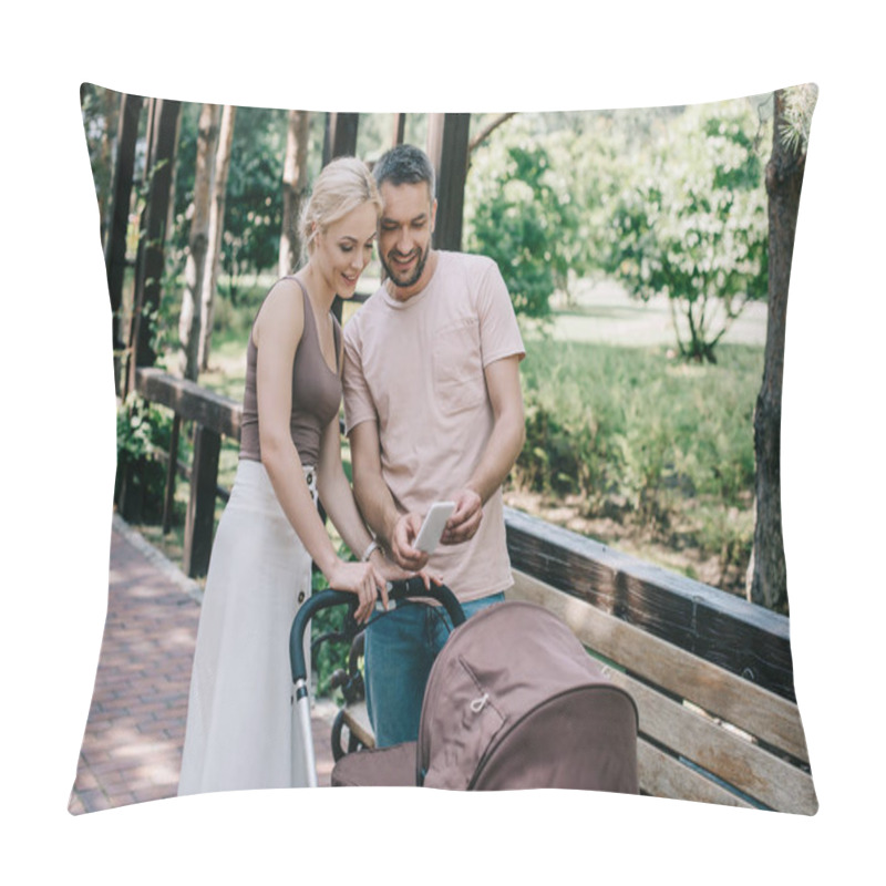 Personality  Parents Taking Photo Of Baby With Smartphone Near Baby Carriage In Park Pillow Covers