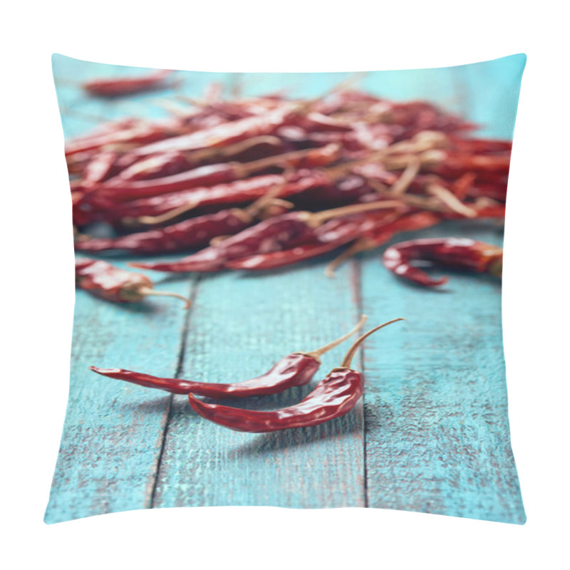 Personality  Close Up View Of Dried Chili Peppers On Blue Wooden Surface Pillow Covers