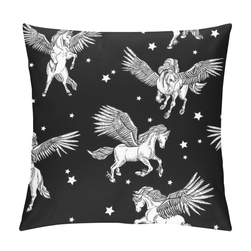 Personality  Vector Monochrome Seamless Pattern Of Winged Pegasus Pillow Covers