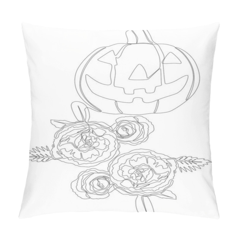 Personality  One Continuous Line Of Jack O' Lantern With Rose Flowers. Thin Line Illustration Vector Concept. Contour Drawing Creative Ideas. Pillow Covers