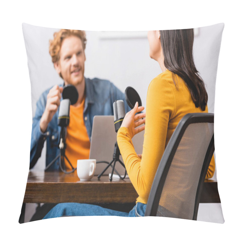 Personality  Selective Focus Of Redhead Radio Host Near Brunette Woman Talking And Gesturing During Interview Pillow Covers