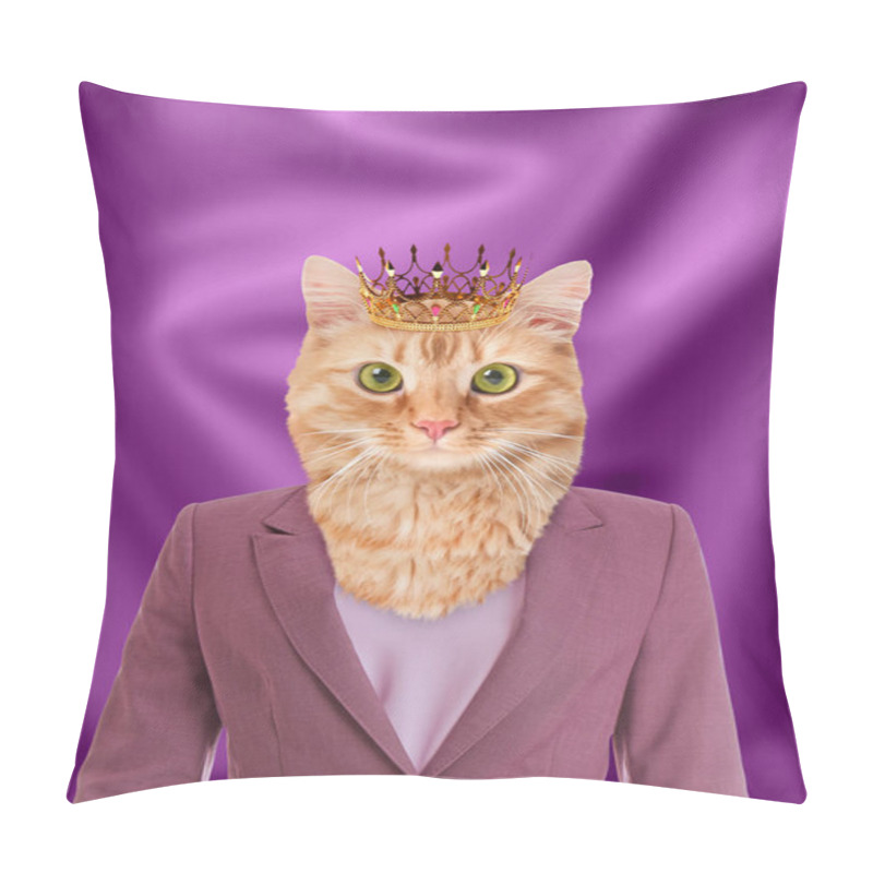 Personality  Cute Cat Dressed Like Royal Person Against Purple Background Pillow Covers