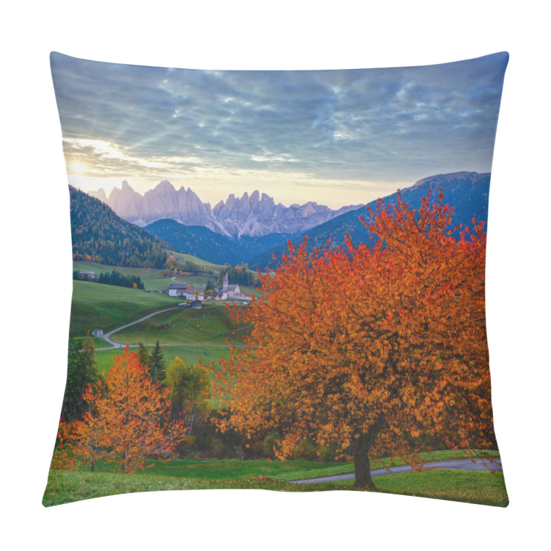 Personality  Autumn Daybreak Santa Magdalena Famous Italy Dolomites Village View In Front Of The Geisler Or Odle Dolomites Group Mountain Rocks. Picturesque Traveling And Countryside Beauty Concept Background. Pillow Covers