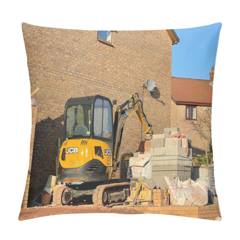 Personality  Pontypridd, Wales - January 2021:  Mini Excavator Parked Outside A House Which Is Undergoing Renovation And Extension Pillow Covers