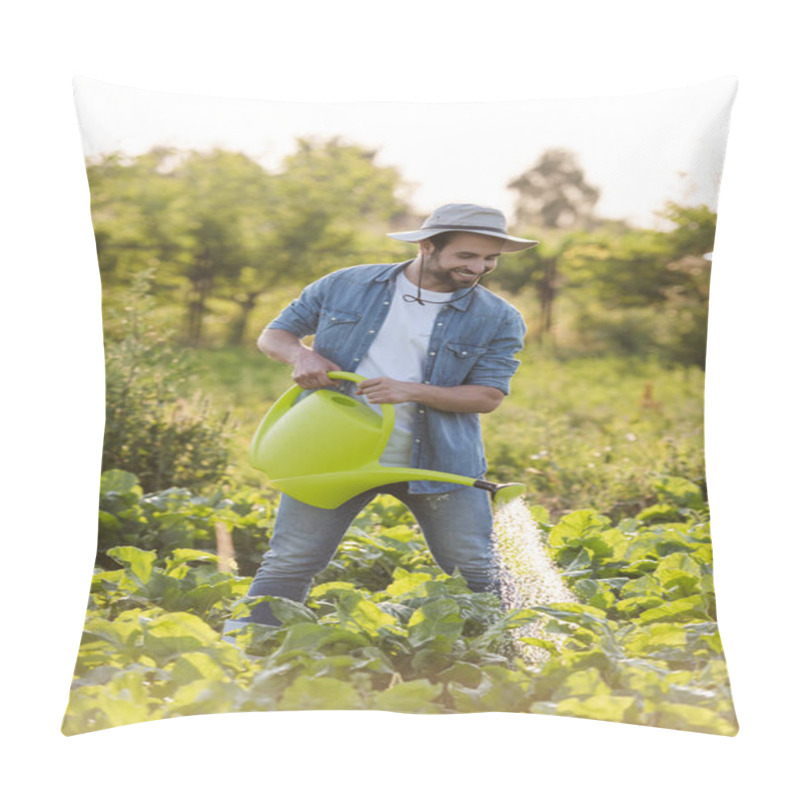 Personality  Smiling Farmer In Brim Hat And Denim Clothes Watering Plants In Garden Pillow Covers