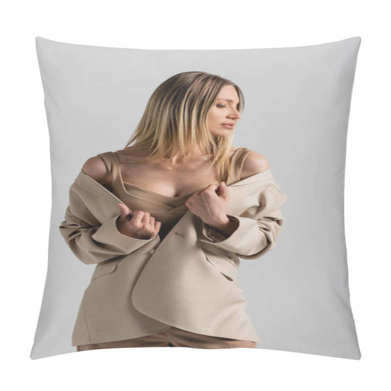 Personality  Close Up Young Blonde Woman With Straight Hair In Beige Dress And Jacket On Grey Backdrop, Fashion Pillow Covers