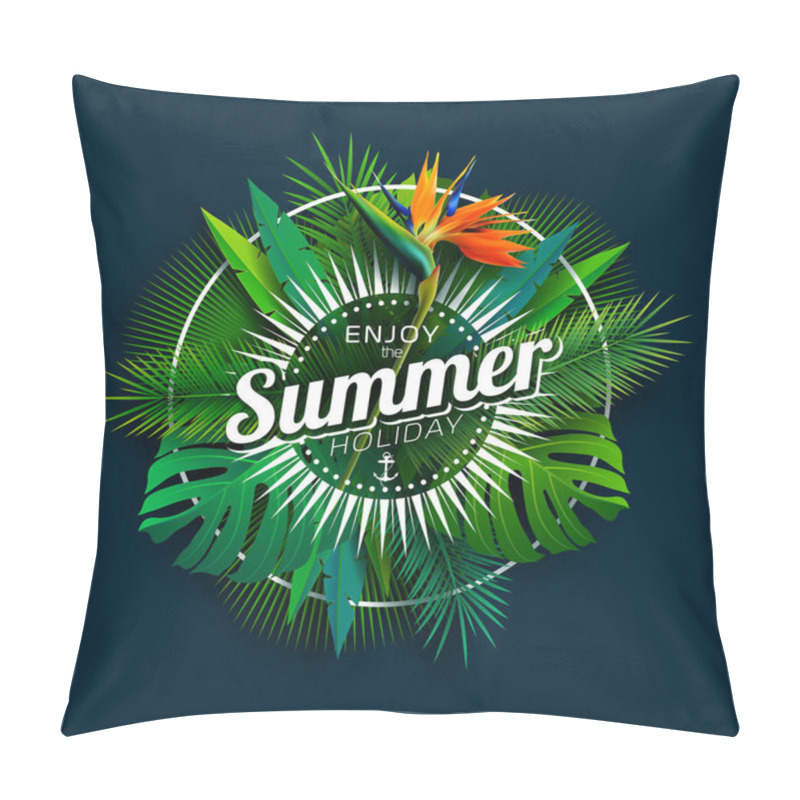 Personality  Enjoy The Summer Holiday Design With Parrot Flower And Tropical Plants On Dark Blue Background. Vector Illustration With Exotic Palm Leaves And Phylodendron For Banner, Flyer, Invitation, Brochure Pillow Covers